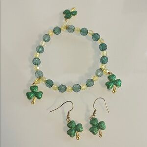 Green and Gold/Yellow Clover Charm Bracelet and Earrings Set